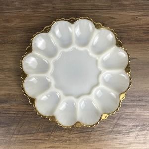 Golden Shell Deviled Egg Server Plate Anchor Hocking Milk Glass Gold Trim